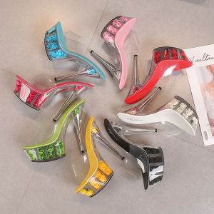 เซ็กซี่ ไนท์คลับรองเท้าส้นสูง 15 ซมกันน้ำแพลตฟอร์ม โปร่งแสง คริสตัลรองเท้าแตะรองเท้าแตะผู้หญิง สไตล์เกาหลี สีบริสุทธิ์