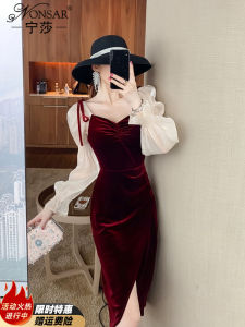 Gold Velvet Long Sleeve Dress Slimming Waist French Lady Elegant Style Womens Fashion Spring Autumn Winter New Arrival