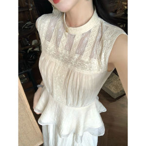 LINGQIAN | French Lace Patchwork Set Dress Sleeveless Top High Waist Flared Skirt