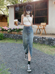 High Waist Slit Denim Mini Skirt Womens Spring Autumn New Style Mid-Length Hip Concealing A-Line Slimming Bodycon Skirt
