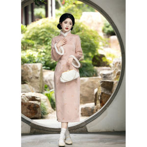 Jiangnan Flocking Winter Cheongsam Pink Oversized Sleeve Thickened Fleece Young Beautiful Traditional Chinese Style Long Qipao