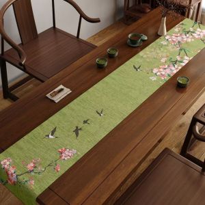 New Chinese Style Bamboo Shadow & Flying Bird Ink Table Runner Washable Restaurant Decor or Celebration Table Accent