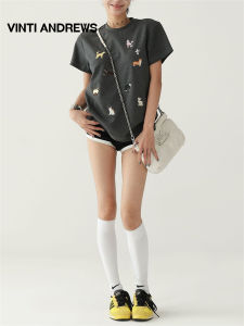 Retro Fun Embroidered Dog Short Sleeve Loose Round Neck T-shirt