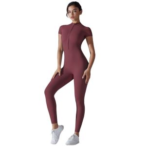 OzalCtree Yoga Set Women Zipper Short Sleeve one piece Gym suit Womens Sports Shapewear Solid Color Nylon Yoga Bodysuit