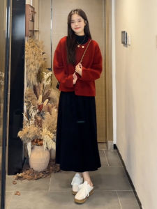 Red Lazy Style Womens Sweater Autumn Winter New Arrival Small Size High Fashion Cardigan Beautiful Matching Set Sweet Style