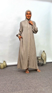 Abaya Stripe Dress Zipper Lengan Balon Gamis Wanita Salur Casual Daily Garis Muslimah Elegan