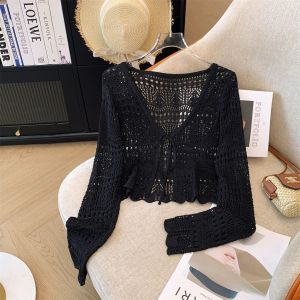 Linen Knitted Open Cardigan Hollow out Short Sleeveless Summer Thin Sun Protection Shawl Cover up V Neck Single Piece