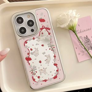 กระต่ายสีชมพูสตรอเบอร์รี่ Wave Point ดอกไม้ Bowknot ผ้าไหมริบบิ้นพื้นผิวกระจก Sliver Edge สําหรับ iPhone 13 14 15 16 Pro Max