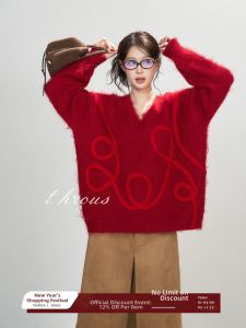 THROUS | Áo Sweater Cổ V Mềm Mịn Như Mohair Màu Đỏ