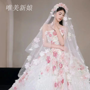 Brides Sweet Heart Wedding Veil with Forest System Headwear Fairy-like Retro Simulation Flowers Luxury Soft Silk Bridal Photography