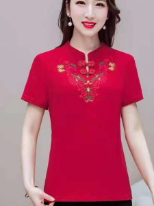 Embroidered Mandarin Collar Short Sleeve T-Shirt Retro Chinese Style Polo Shirt for Middle-Aged Women Large Size Casual Wear