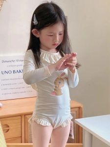 Summer Ice Silk Long Sleeve Swimsuit for Girls Childrens Overall Cartoon Print Cute Baby Sunscreen Quick Dry Korean Style