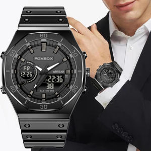 FOXBOX New Dual display Watches For Men Casual Sports Chronograph Quartz Big Dial Wrist Watch Silicone Waterproof Digital Clock