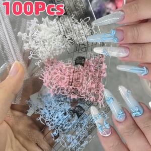 100Pcs 3D Mixed-Shapes Bowknot Nail Charms White/Pink/Blue Minimalist Ribbon Nail Art Decorations Mini Bow Manicure Accessories