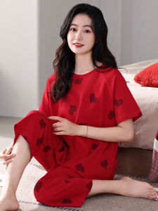 Red Cotton Sleepwear Set for Women Summer Home Clothes Short Sleeve Heart Pattern plus Size Comfortable Breathable Nightgown