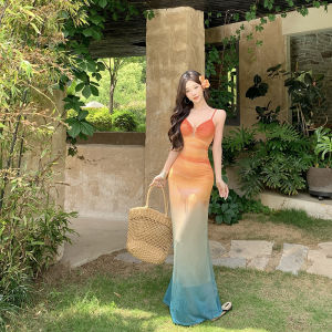 Island Vacation Atmosphere Gradient Color Sunset Dyed Net Halter Long Dress Holiday Style High Waist A-Line Skirt Maxi Dress