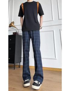 Slim Fit Flared Blue Check Mens Pants
