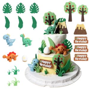Jungle Dinosaur Theme Happy Birthday Cake Toppers Plastic Rubber Girl Boy Birthday Party Cake Decorations Baking Tools Kid Favor