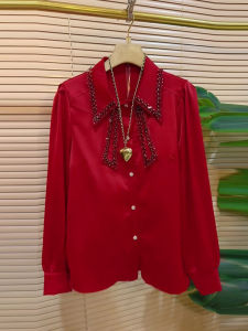 plus Size Long Sleeve Diamond Collar Shirt New Year Style Casual Cotton Polyester Blend Womens Top Elegant Commute Design