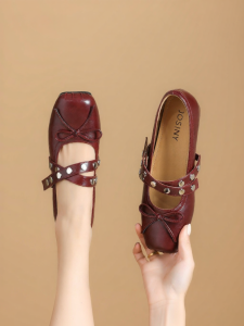 Josiny | Red Ballet Flats With Studs and Bow