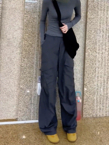 Deep Grey Thin Pocketed Work Trousers Womens High Waist Floor-Length Loose Hiding Hip Straight Leg Pants Autumn New Fashion