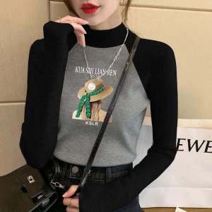 Double-Sided Dralon Small Stand Collar Hot-Selling Floral-Print Raglan Sleeve Classy Stylish Silm 2024 Autumn Easiest for Match Bottoming Shirt