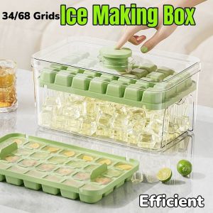 34/68 Grids Ice Cube Molder Ice Cube Tray with Lid Juice Ice Maker Food Grade Ice Making Box Easy toDemolding Free Shovel