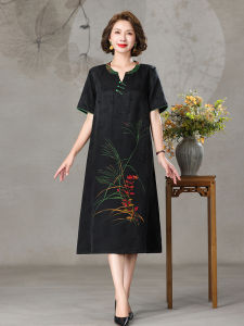 plus Size Maternity Summer New Chinese Style Loose Dress Silk Chiffon Embroidered A-Line Midi Dress for Plump Mothers