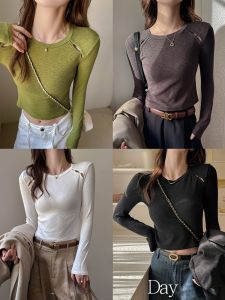 MiiOW | Slim Fit Womens Round Neck T-Shirt Long Sleeve Hollow Out Knitted Base Shirt Autumn Winter Fashion Casual Solid Color Top