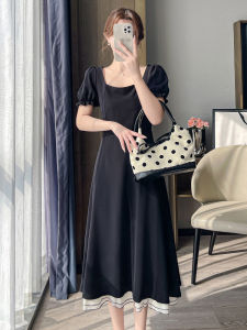 Hebe Style Long Dress Women Summer French Bubble Sleeve Square Collar Slimming Waist Cinched Maxi Skirt Elegant A-Line Dress