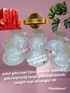 paket gelas kopi 12pcs( gelas 6& tatakan 6) gelas kopi motif bunga/gelas kopi mewah/cangkir kopi set/cangkir teh