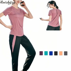 Ruizhijzg Ready Stock Womens Quick Drying Short sleeve Vest For Woman Summer Sports Fitness Training Yoga Tank Top Ladies Girls U-Neck Singlet Plus Size