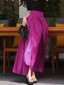 Loose A-Line Skirt Womens Purple Draped Thin New Style Autumn High Waist Long Skirt Commute Korean Style Half Body Skirt