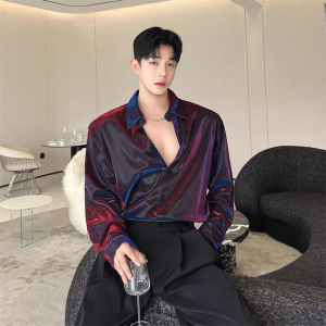 Future Sensation Liquid Chromatic Loose Long Sleeve Mens Shirt Nightclub Performance Reflective Glossy Youth Fashion Casual Wear