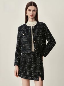 HR | HR Helena Short Herringbone Plaid Jacket Womens Autumn New Style Small Fragrance Style Coat Button Pocket Cotton Blend