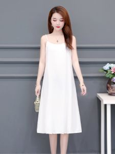 ชุดเดรสยาวแขนกุดคอวีแขนกุดผ้าชีฟองสีขาวไซส์ใหญ่พร้อมชั้นในป้องกันแสงสีเข้มสำหรับฤดูร้อน ชุดเดรสสีดำพื้นสำหรับผู้หญิง