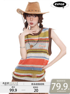 American Retro Hollow Stripe Knitted Strap Vest Women Summer Dopaamine Inner Spicy Sleeveless Outerwear Top