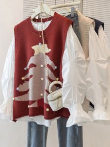 Christmas Knitted Vest And Shirt Two-Piece Set plus Size Womens Fashionable Autumn Winter Ensemble round Neck Long Sleeve