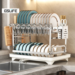 GSLIFE 【Tanpa Instalasi】 Rak Piring Stainless Steel 2 Susun Rak Piring Minimalis Rak Piring Wastafel Dengan Aksesoris