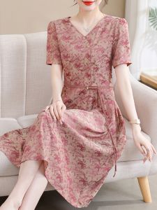 Elegant Short Sleeve Silk Dress for Middle-Aged And Elderly Women Hangzhou Xiangyun Silk V-Neck Midi Dress Summer Fashion