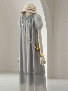 4U4U Grey Silk Casual Summer Dress Womens New French Unique Beautiful Age-Defying Bubble Sleeve Long Dress