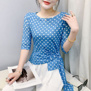 YIMEI Mid sleeve polka dot mesh top for summer 2025 new niche irregular round neck stylish plus size womens dance T-shirt