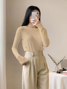 เสื้อยืดคอกลมแขนยาวทรงสลิมฟิตผ้าฝ้ายแท้สำหรับผู้หญิง เสื้อชั้นในฤดูใบไม้ร่วง/ฤดูหนาว ทรงเข้ารูป ทรงเข้ารูป เสื้อผ้าทำงาน