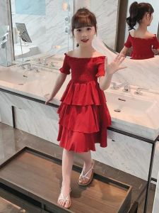 Girls One Shoulder Dress Short Sleeve Red Fashionable Midi Skirt Spring Summer New Arrival Childrens Clothing Flytwin Brand