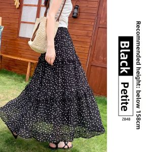 XIANYIJIAO | Black Floral Skirt Half Skirt A-line Pleated