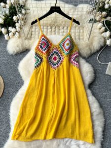 Bohemian Vacation Style Strap Dress Womens Hollow out Colorful Crochet Splicing Loose Slimming A-Line Beach Skirt