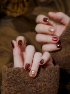 New Years Premium Caramel Red Wine Cat Eye Bridal Nails Handmade Detachable Wearable Nail Art False Nails Tips Bright Color