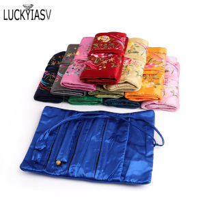 Retro Embroidery Travel Jewelry Organizer Roll Foldable Jewelry Case For Journey-Rings Necklaces Jewellery Storage Bag