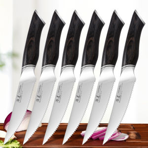 SHANGDAO Steak Knives Set of 6 Steak Knife 4.5" 10Cr15CoMoV Core High Carbon Steel Serrated Steak Knives with Pakkawood Handle
