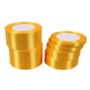 Vàng Vàng Lụa Satin Ruy Băng 25 Yards Đơn Mặt Polyester Cho Tiệc Cưới Trang Trí Nhà Gói Quà Giáng Sinh DIY 6-50mm Chiều Rộng
